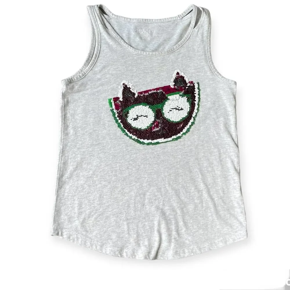 Girls L 10-12 Children's Place Gray Sleeveless Sequin Watermelon Cat Tank Top